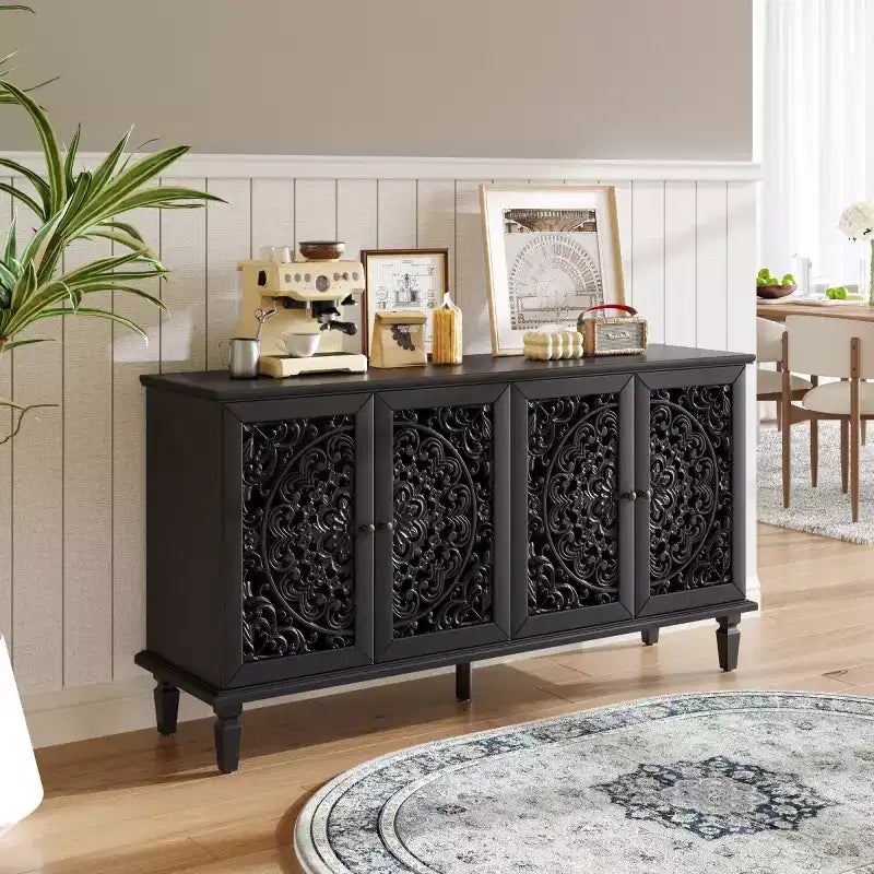 60 Vintage Floral Carved Sideboard Buffet Cabinet, Storage Console with Solid Wood Legs, Adjustable Shelves, Accent Cabinet - Panipeachy