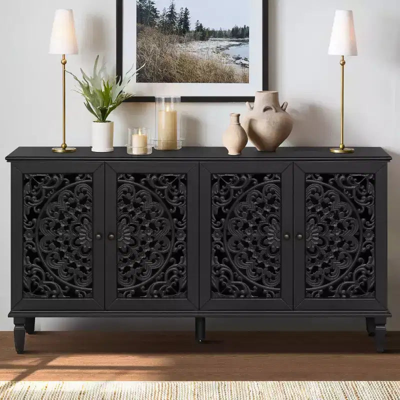 60 Vintage Floral Carved Sideboard Buffet Cabinet, Storage Console with Solid Wood Legs, Adjustable Shelves, Accent Cabinet - Panipeachy
