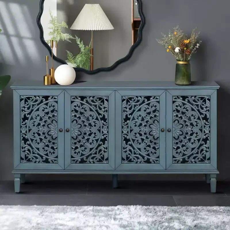 60 Vintage Floral Carved Sideboard Buffet Cabinet, Storage Console with Solid Wood Legs, Adjustable Shelves, Accent Cabinet - Panipeachy