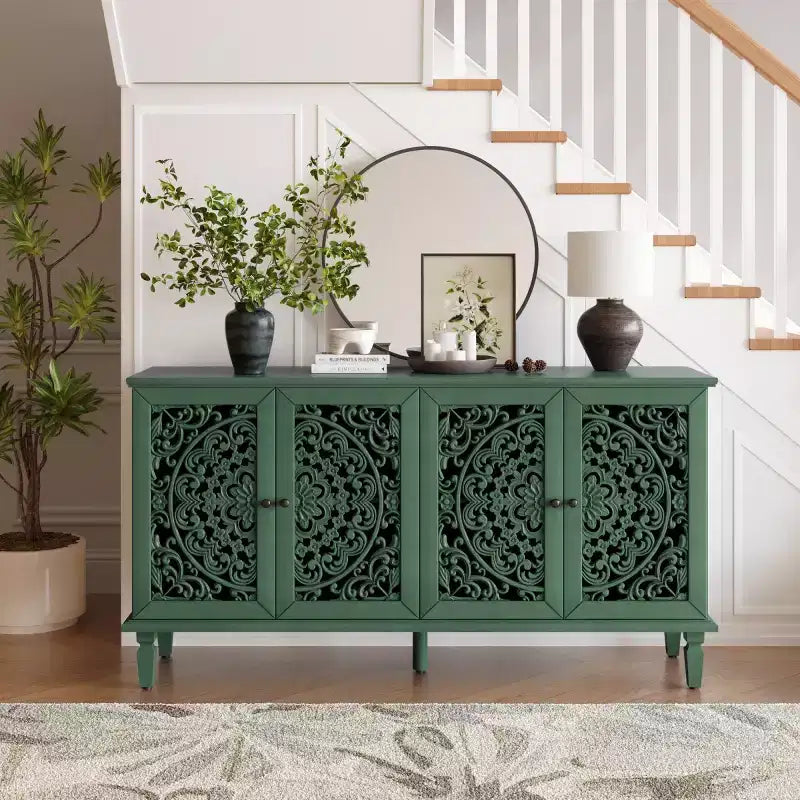 60 Vintage Floral Carved Sideboard Buffet Cabinet, Storage Console with Solid Wood Legs, Adjustable Shelves, Accent Cabinet - Panipeachy