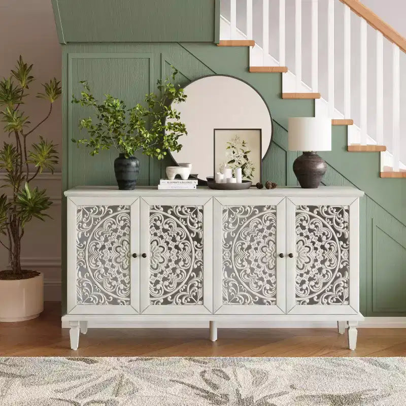 60 Vintage Floral Carved Sideboard Buffet Cabinet, Storage Console with Solid Wood Legs, Adjustable Shelves, Accent Cabinet - Panipeachy