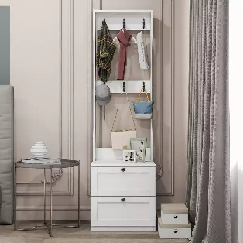 CLIHOME 2-in-1 Coat Rack and Nightstand, Bedside Entryway Storage Organizer with Drawer & Hooks, Freestanding Clothes Hanger