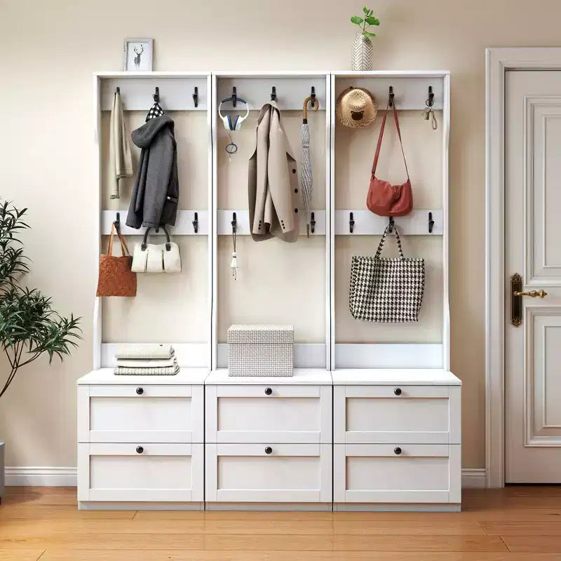 CLIHOME 2-in-1 Coat Rack and Nightstand, Bedside Entryway Storage Organizer with Drawer & Hooks, Freestanding Clothes Hanger