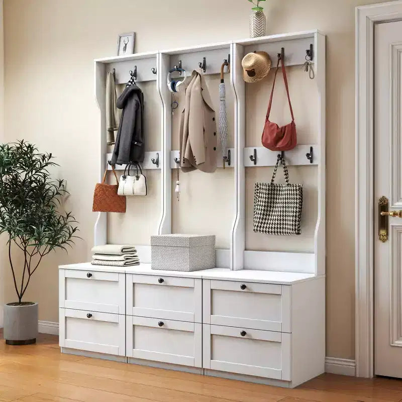 CLIHOME 2-in-1 Coat Rack and Nightstand, Bedside Entryway Storage Organizer with Drawer & Hooks, Freestanding Clothes Hanger