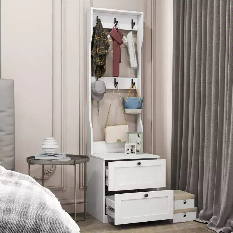 CLIHOME 2-in-1 Coat Rack and Nightstand, Bedside Entryway Storage Organizer with Drawer & Hooks, Freestanding Clothes Hanger