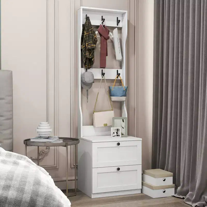 CLIHOME 2-in-1 Coat Rack and Nightstand, Bedside Entryway Storage Organizer with Drawer & Hooks, Freestanding Clothes Hanger