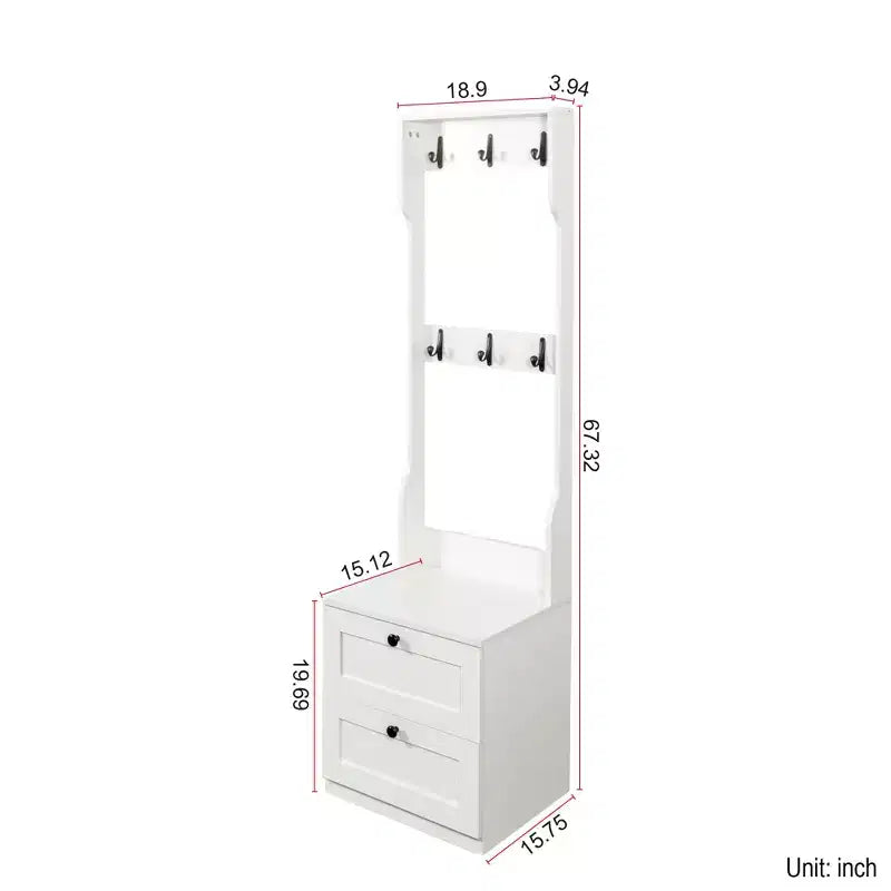 CLIHOME 2-in-1 Coat Rack and Nightstand, Bedside Entryway Storage Organizer with Drawer & Hooks, Freestanding Clothes Hanger