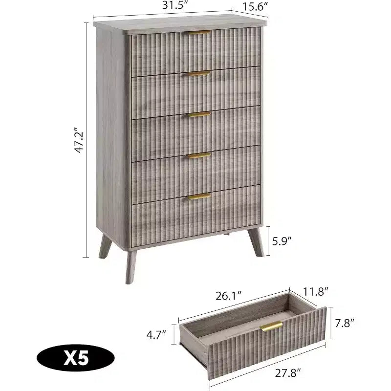 Modern Fluted Dresser with 5 Deep Drawers, 47.2 Tall Curved Profile Chest for Bedroom, Living Room, Kids Room & Hallway