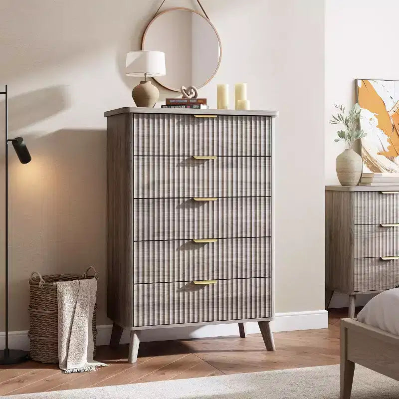 Modern Fluted Dresser with 5 Deep Drawers, 47.2 Tall Curved Profile Chest for Bedroom, Living Room, Kids Room & Hallway