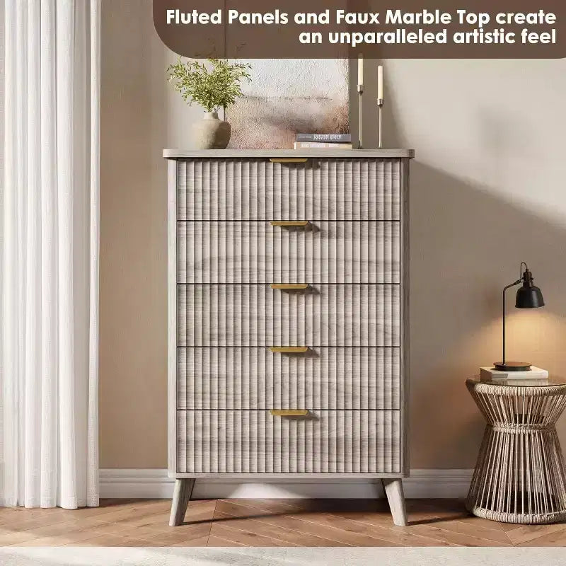 Modern Fluted Dresser with 5 Deep Drawers, 47.2 Tall Curved Profile Chest for Bedroom, Living Room, Kids Room & Hallway