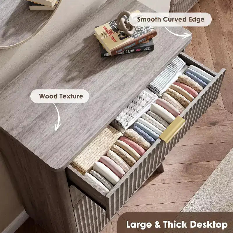 Modern Fluted Dresser with 5 Deep Drawers, 47.2 Tall Curved Profile Chest for Bedroom, Living Room, Kids Room & Hallway