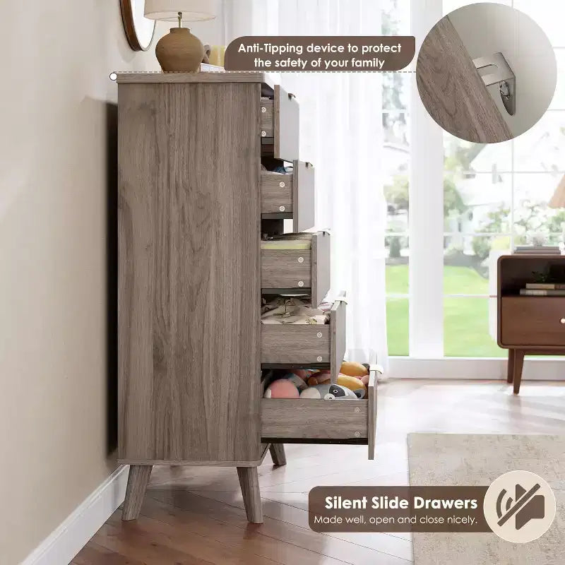 Modern Fluted Dresser with 5 Deep Drawers, 47.2 Tall Curved Profile Chest for Bedroom, Living Room, Kids Room & Hallway