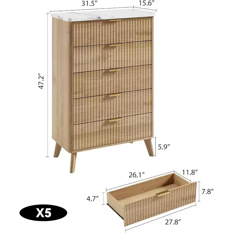 Modern Fluted Dresser with 5 Deep Drawers, 47.2 Tall Curved Profile Chest for Bedroom, Living Room, Kids Room & Hallway
