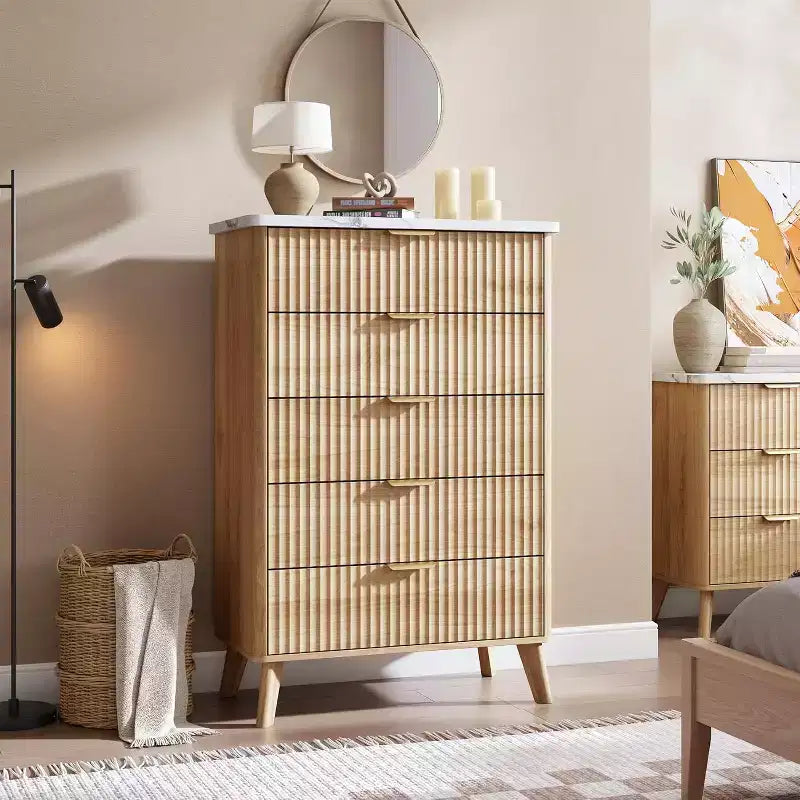 Modern Fluted Dresser with 5 Deep Drawers, 47.2 Tall Curved Profile Chest for Bedroom, Living Room, Kids Room & Hallway