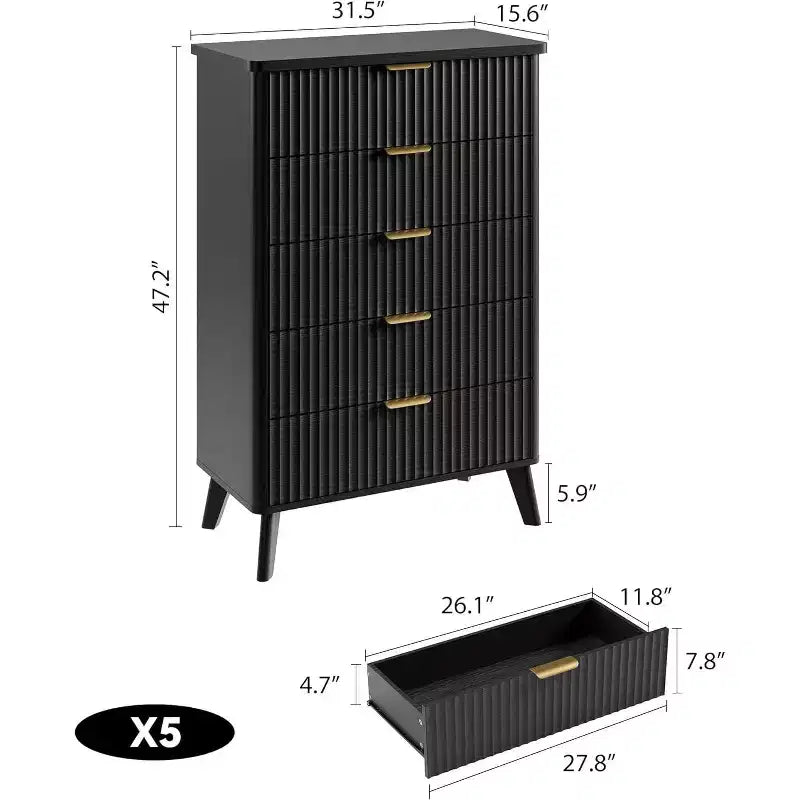 Modern Fluted Dresser with 5 Deep Drawers, 47.2 Tall Curved Profile Chest for Bedroom, Living Room, Kids Room & Hallway
