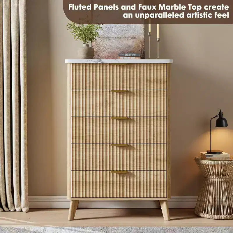 Modern Fluted Dresser with 5 Deep Drawers, 47.2 Tall Curved Profile Chest for Bedroom, Living Room, Kids Room & Hallway