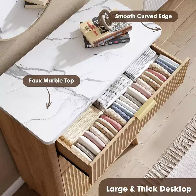 Modern Fluted Dresser with 5 Deep Drawers, 47.2 Tall Curved Profile Chest for Bedroom, Living Room, Kids Room & Hallway