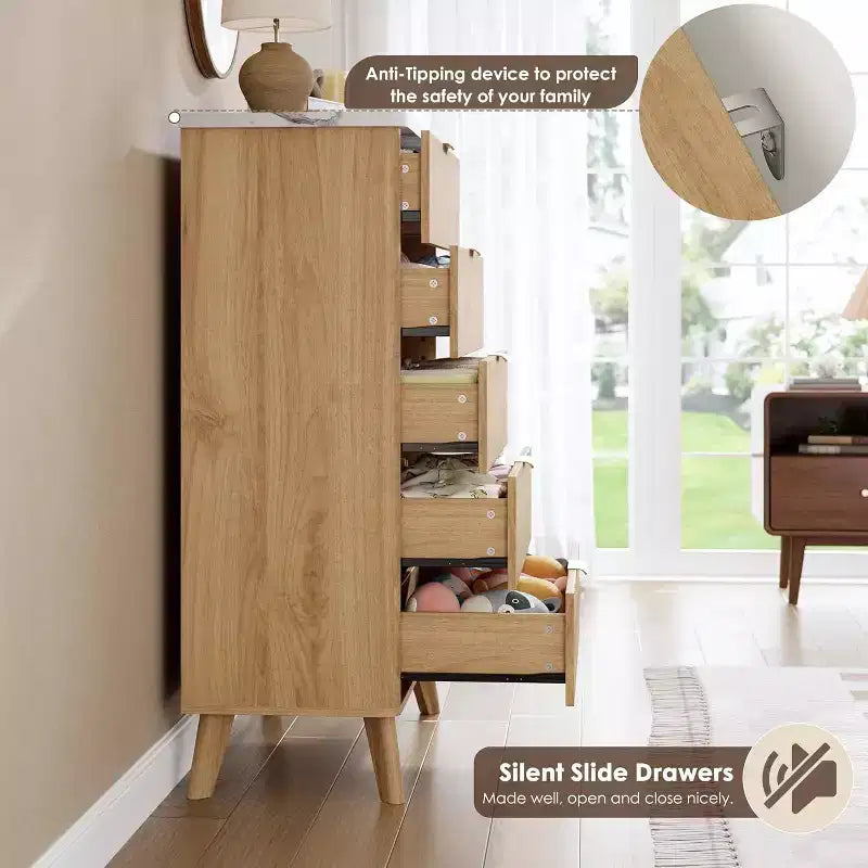 Modern Fluted Dresser with 5 Deep Drawers, 47.2 Tall Curved Profile Chest for Bedroom, Living Room, Kids Room & Hallway