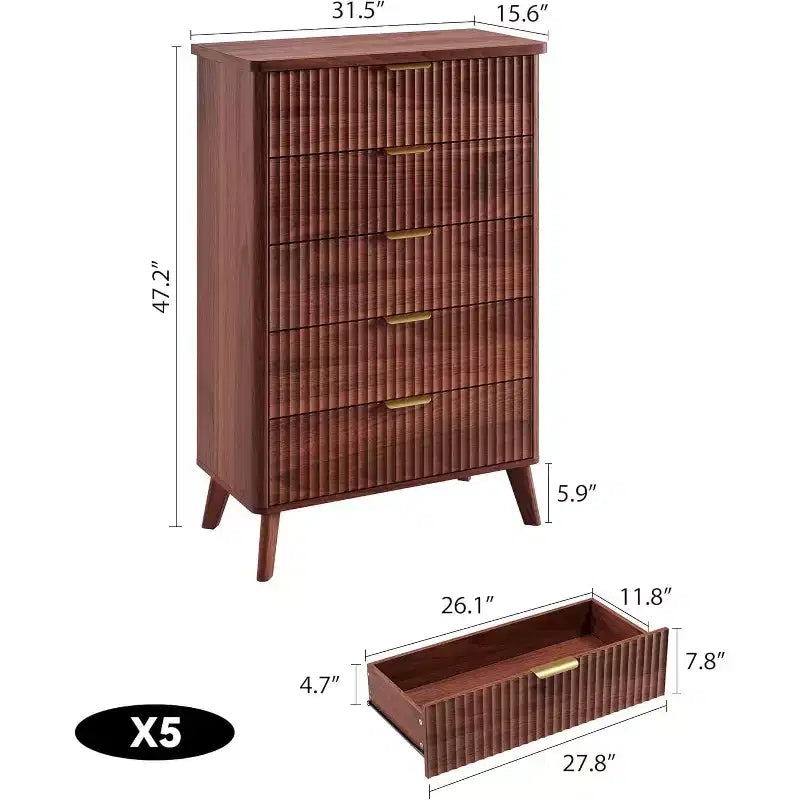 Modern Fluted Dresser with 5 Deep Drawers, 47.2 Tall Curved Profile Chest for Bedroom, Living Room, Kids Room & Hallway