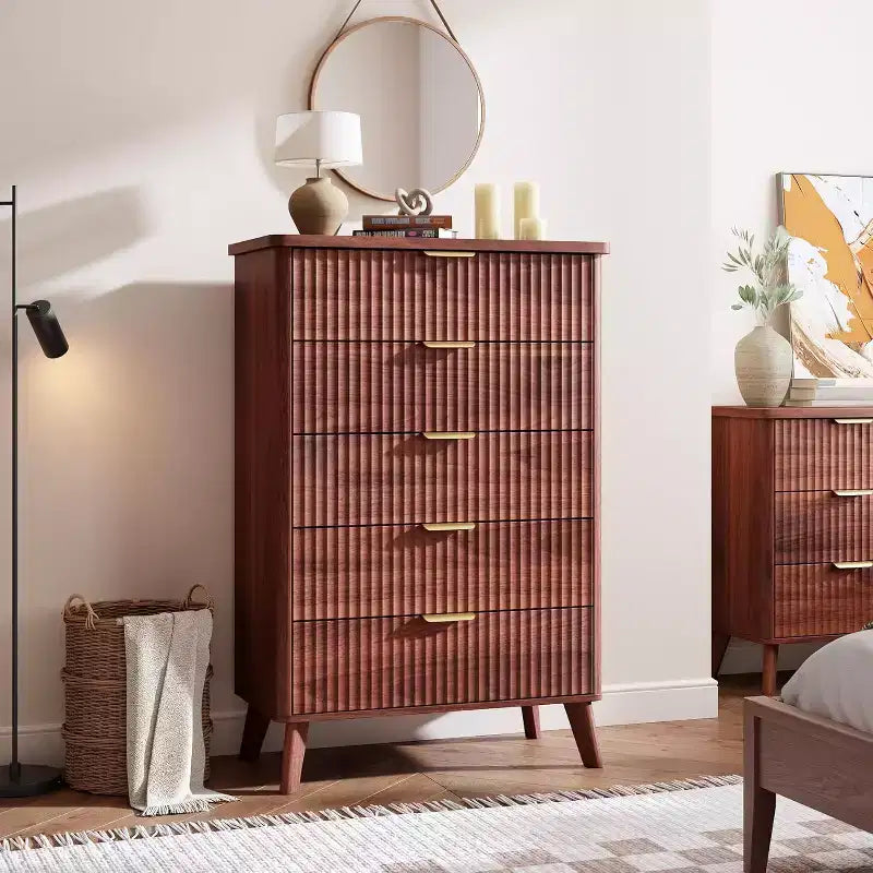 Modern Fluted Dresser with 5 Deep Drawers, 47.2 Tall Curved Profile Chest for Bedroom, Living Room, Kids Room & Hallway