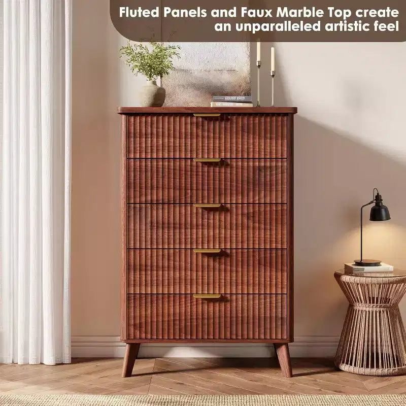 Modern Fluted Dresser with 5 Deep Drawers, 47.2 Tall Curved Profile Chest for Bedroom, Living Room, Kids Room & Hallway