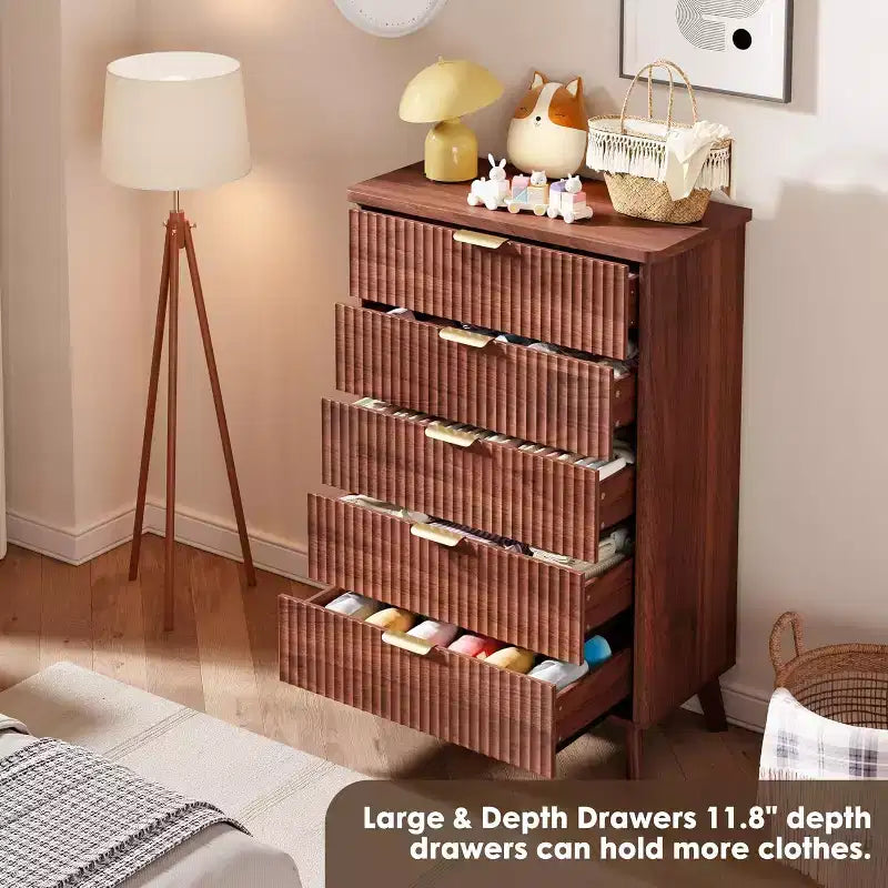 Modern Fluted Dresser with 5 Deep Drawers, 47.2 Tall Curved Profile Chest for Bedroom, Living Room, Kids Room & Hallway