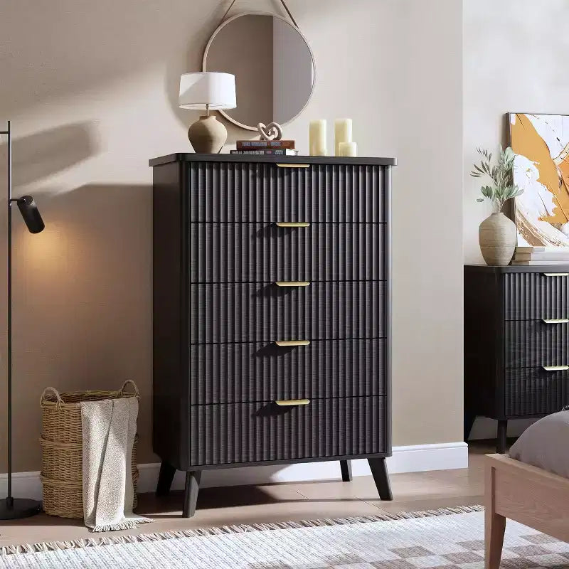 Modern Fluted Dresser with 5 Deep Drawers, 47.2 Tall Curved Profile Chest for Bedroom, Living Room, Kids Room & Hallway