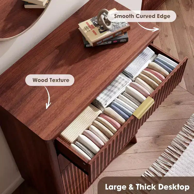Modern Fluted Dresser with 5 Deep Drawers, 47.2 Tall Curved Profile Chest for Bedroom, Living Room, Kids Room & Hallway