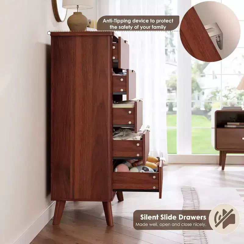 Modern Fluted Dresser with 5 Deep Drawers, 47.2 Tall Curved Profile Chest for Bedroom, Living Room, Kids Room & Hallway
