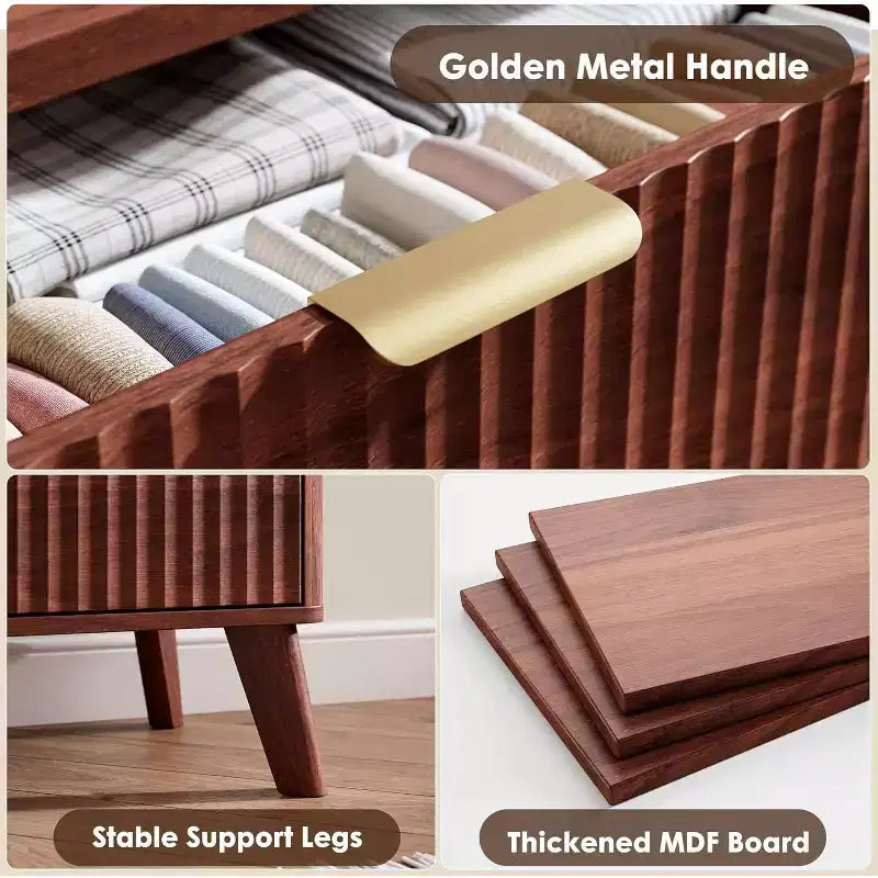 Modern Fluted Dresser with 5 Deep Drawers, 47.2 Tall Curved Profile Chest for Bedroom, Living Room, Kids Room & Hallway