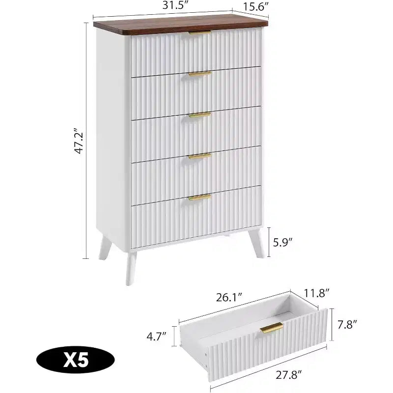 Modern Fluted Dresser with 5 Deep Drawers, 47.2 Tall Curved Profile Chest for Bedroom, Living Room, Kids Room & Hallway