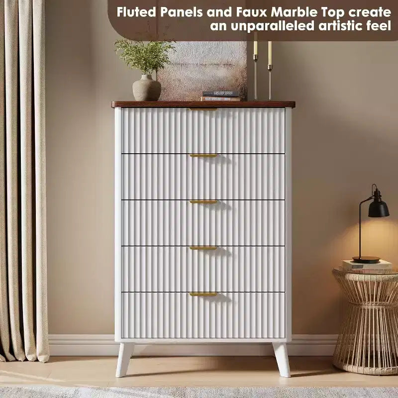 Modern Fluted Dresser with 5 Deep Drawers, 47.2 Tall Curved Profile Chest for Bedroom, Living Room, Kids Room & Hallway