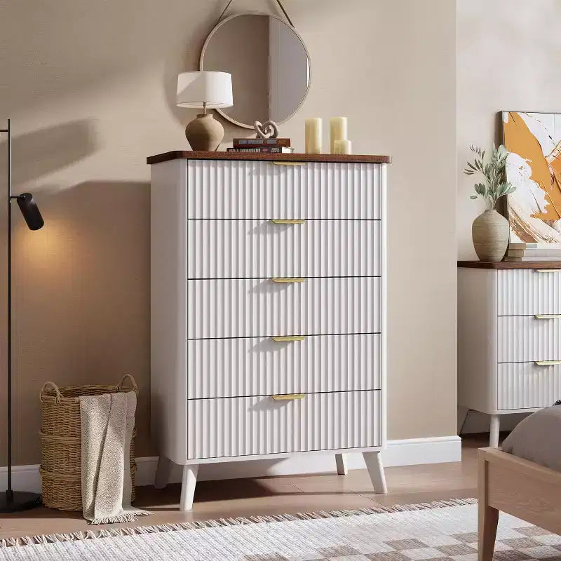 Modern Fluted Dresser with 5 Deep Drawers, 47.2 Tall Curved Profile Chest for Bedroom, Living Room, Kids Room & Hallway