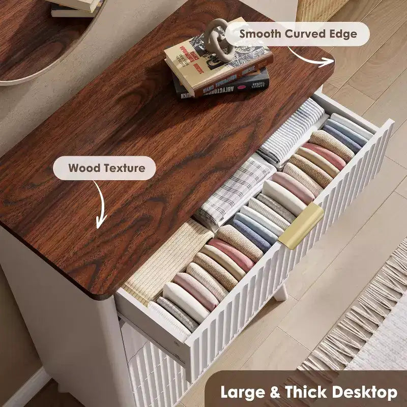 Modern Fluted Dresser with 5 Deep Drawers, 47.2 Tall Curved Profile Chest for Bedroom, Living Room, Kids Room & Hallway