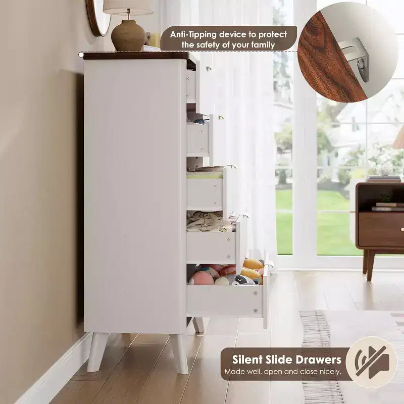 Modern Fluted Dresser with 5 Deep Drawers, 47.2 Tall Curved Profile Chest for Bedroom, Living Room, Kids Room & Hallway