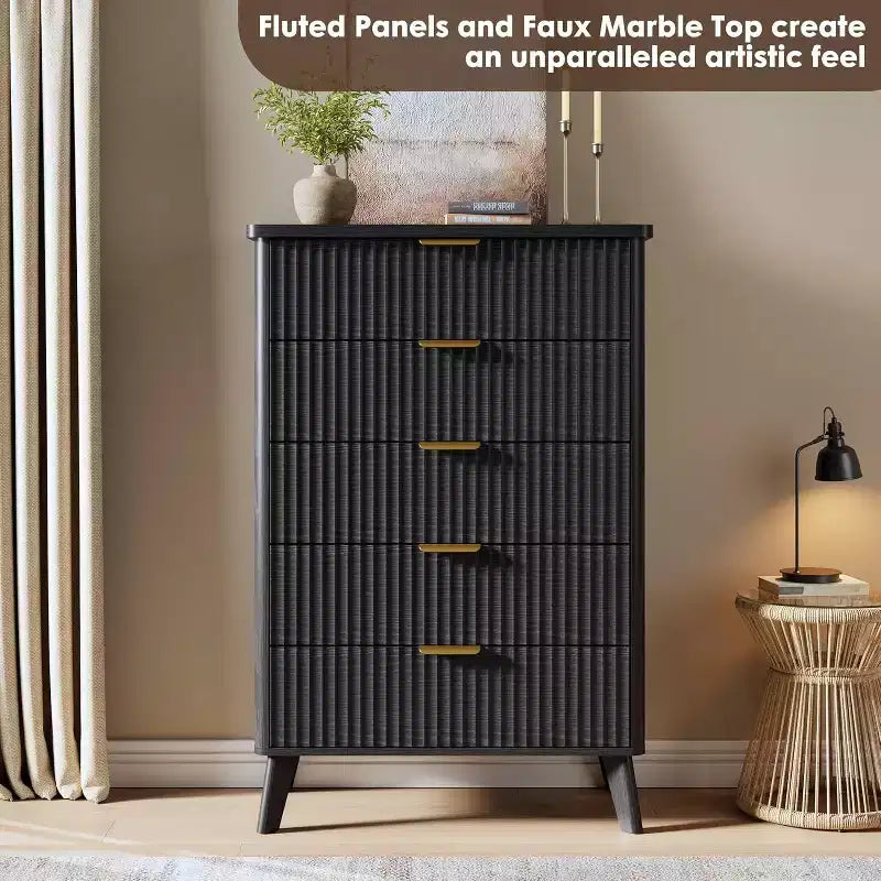 Modern Fluted Dresser with 5 Deep Drawers, 47.2 Tall Curved Profile Chest for Bedroom, Living Room, Kids Room & Hallway