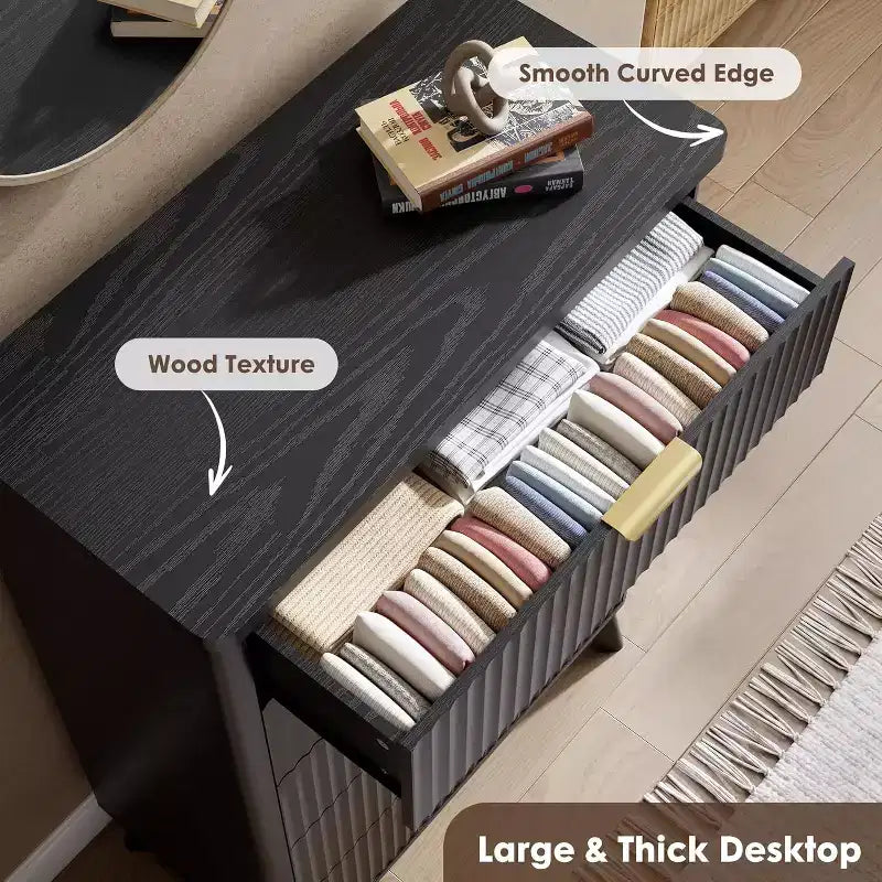 Modern Fluted Dresser with 5 Deep Drawers, 47.2 Tall Curved Profile Chest for Bedroom, Living Room, Kids Room & Hallway