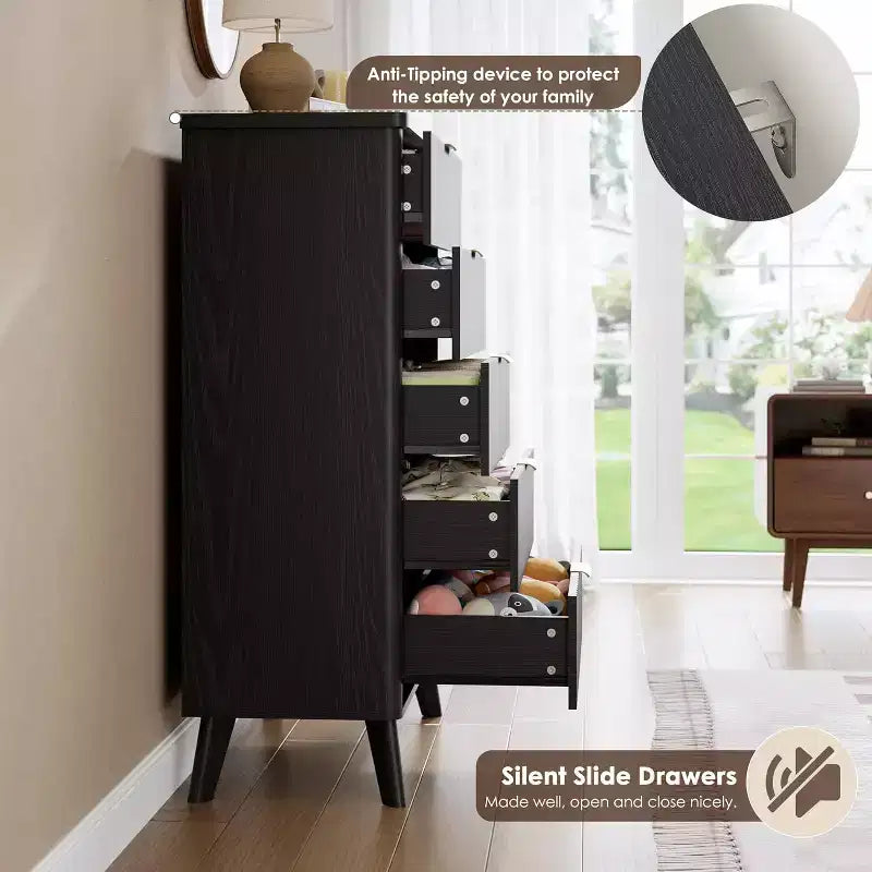 Modern Fluted Dresser with 5 Deep Drawers, 47.2 Tall Curved Profile Chest for Bedroom, Living Room, Kids Room & Hallway