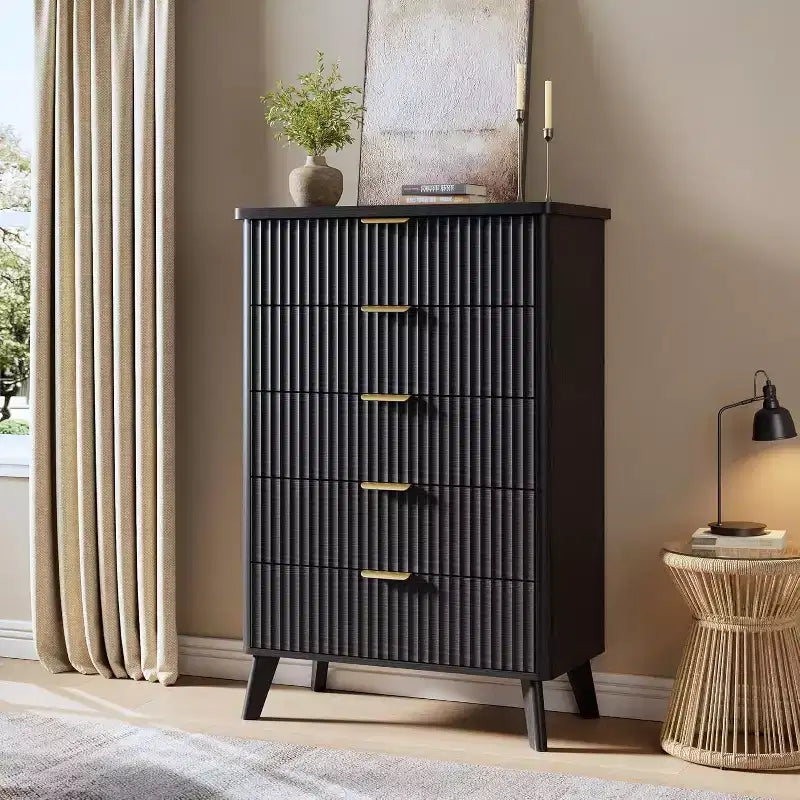 Modern Fluted Dresser with 5 Deep Drawers, 47.2 Tall Curved Profile Chest for Bedroom, Living Room, Kids Room & Hallway