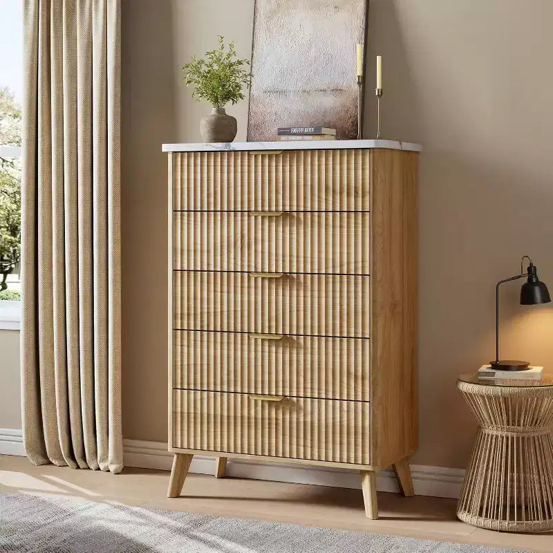 Modern Fluted Dresser with 5 Deep Drawers, 47.2 Tall Curved Profile Chest for Bedroom, Living Room, Kids Room & Hallway