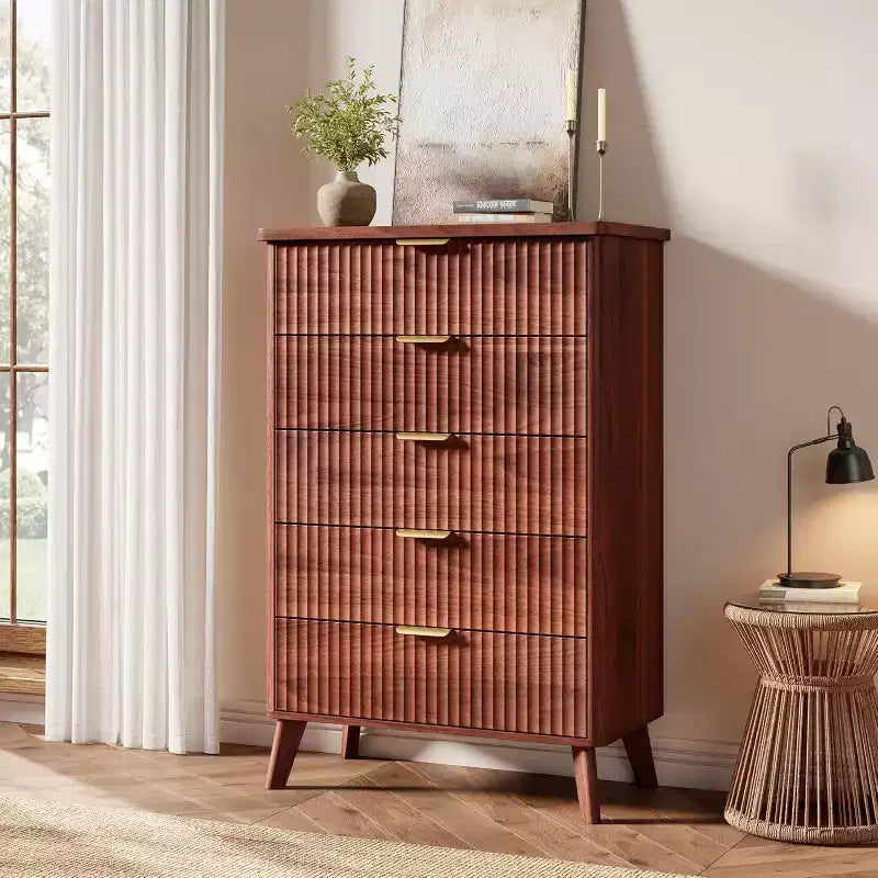 Modern Fluted Dresser with 5 Deep Drawers, 47.2 Tall Curved Profile Chest for Bedroom, Living Room, Kids Room & Hallway