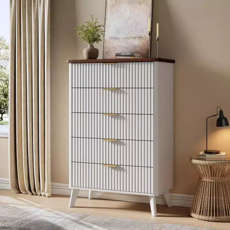Modern Fluted Dresser with 5 Deep Drawers, 47.2 Tall Curved Profile Chest for Bedroom, Living Room, Kids Room & Hallway