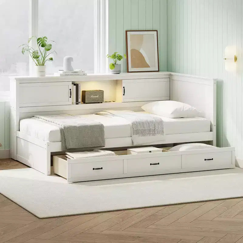 Whisen Twin Size L-Shaped Wooden Bed Frame & Corner Bed Captain Bed with Drawer and and Bookcase