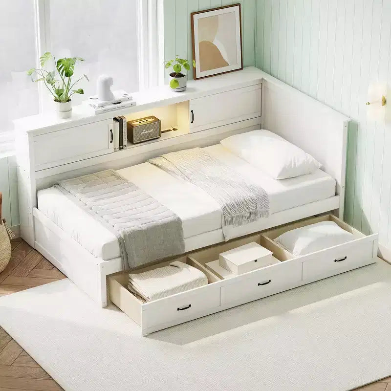 Whisen Twin Size L-Shaped Wooden Bed Frame & Corner Bed Captain Bed with Drawer and and Bookcase