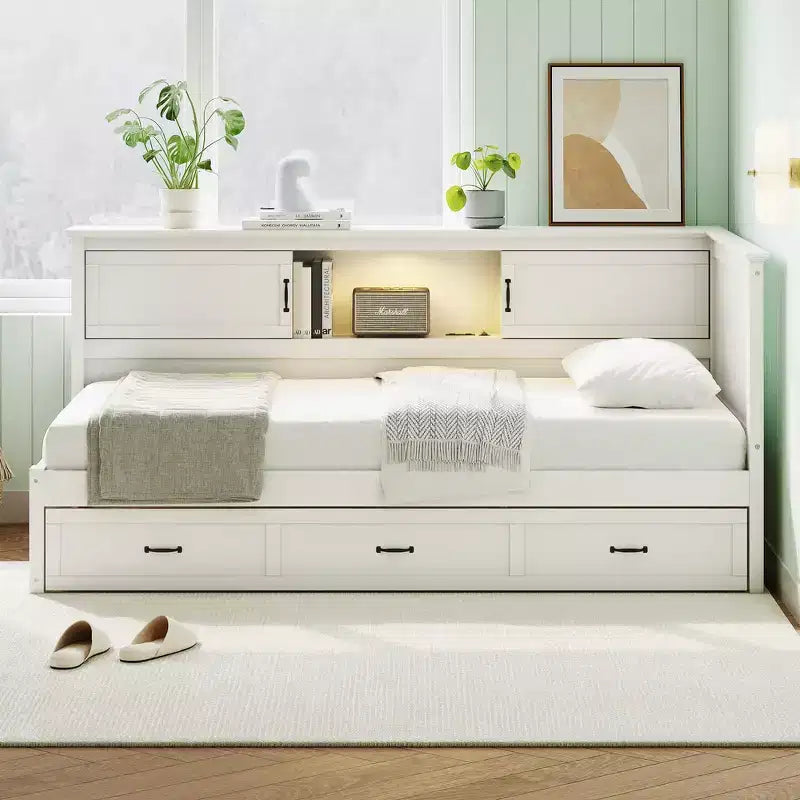Whisen Twin Size L-Shaped Wooden Bed Frame & Corner Bed Captain Bed with Drawer and and Bookcase