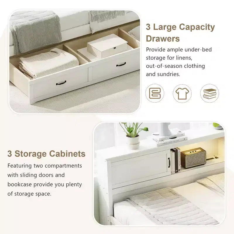 Whisen Twin Size L-Shaped Wooden Bed Frame & Corner Bed Captain Bed with Drawer and and Bookcase