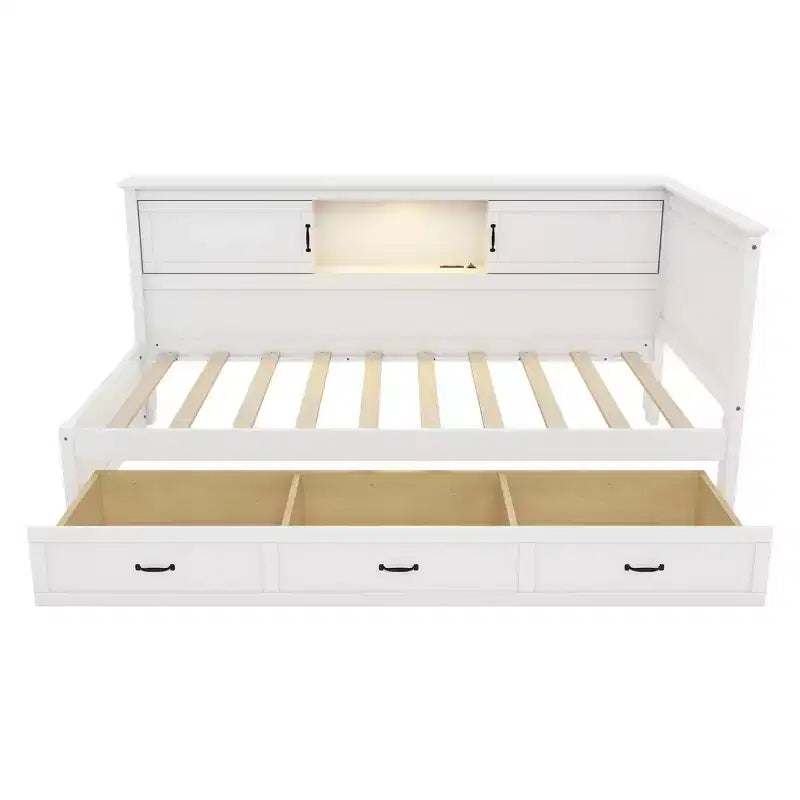 Whisen Twin Size L-Shaped Wooden Bed Frame & Corner Bed Captain Bed with Drawer and and Bookcase