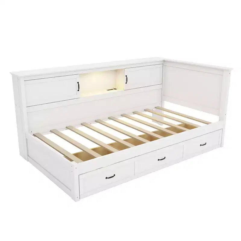 Whisen Twin Size L-Shaped Wooden Bed Frame & Corner Bed Captain Bed with Drawer and and Bookcase