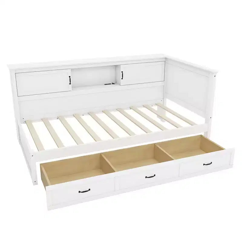Whisen Twin Size L-Shaped Wooden Bed Frame & Corner Bed Captain Bed with Drawer and and Bookcase