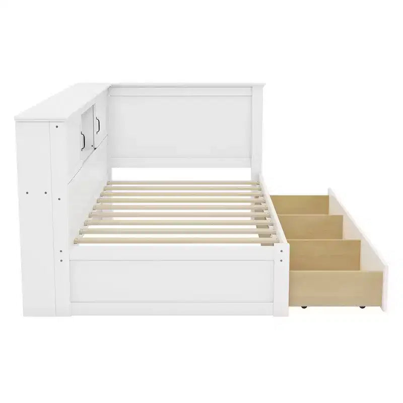 Whisen Twin Size L-Shaped Wooden Bed Frame & Corner Bed Captain Bed with Drawer and and Bookcase